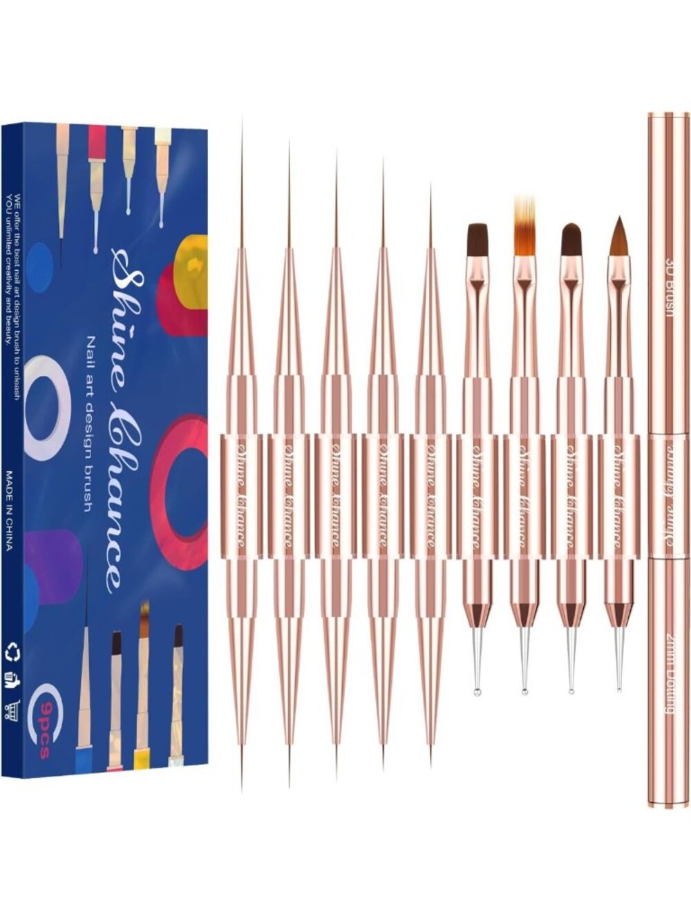 9Pcs Nail Art Brushes Set, Professional Double-Ended Acrylic Liner Detail